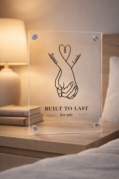 Acrylic Wall Art Panel| "BUILT TO LAST" Wedding/Anniversary Keepsake (Personalize Names & Years) 8"X10"