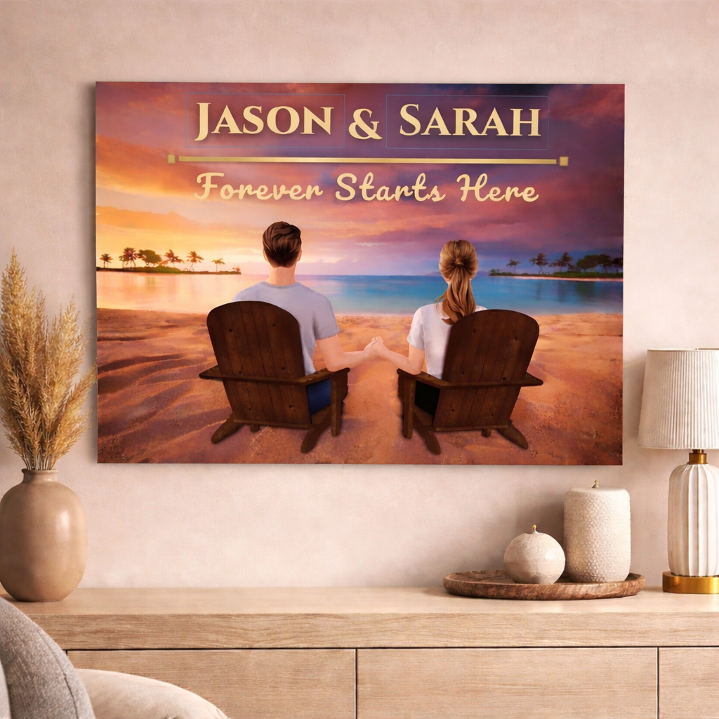 Personalized Beach Sunset Couple Canvas| (16"X12")